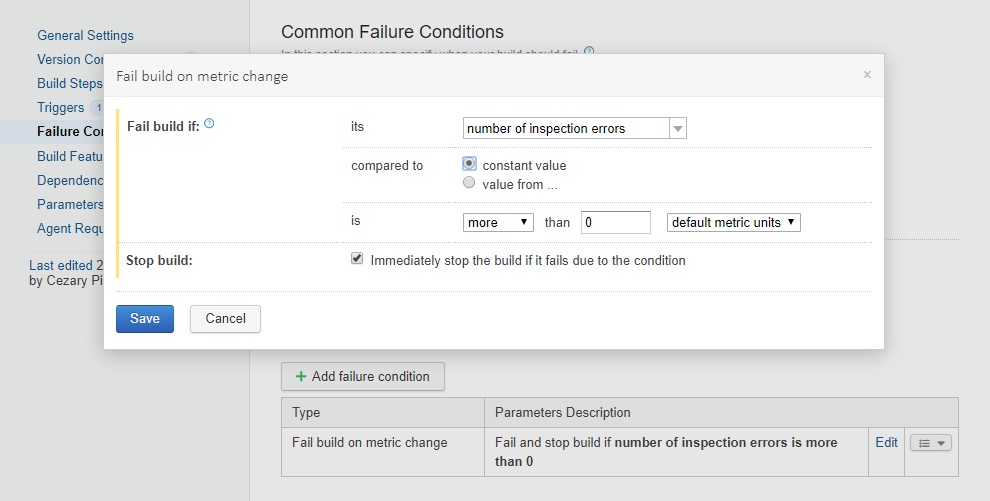 Use inspection error as build failure condition